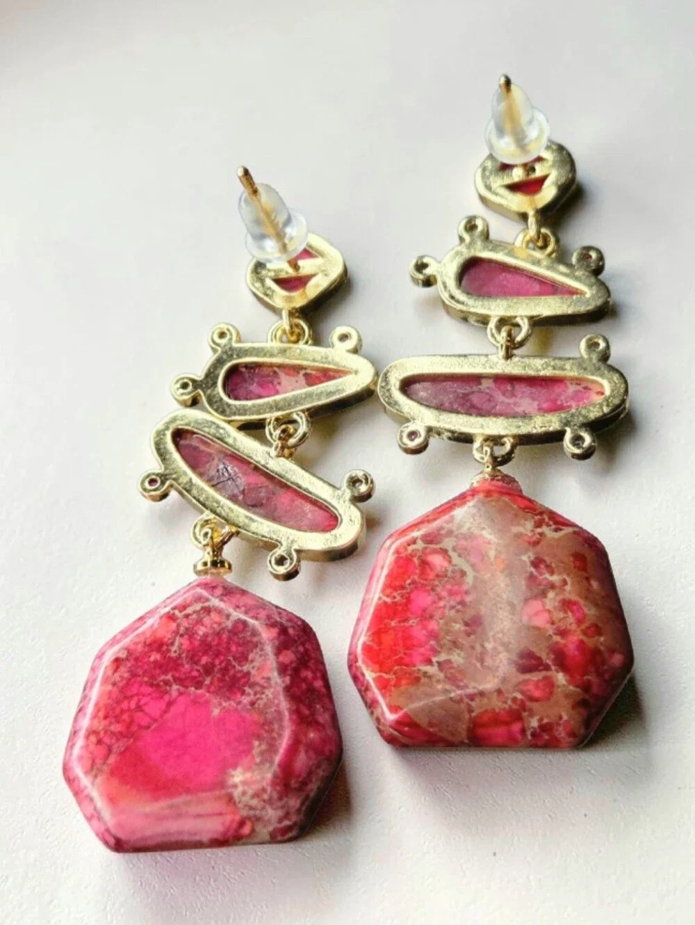 18k Gold Plated Pink Jasper Stone Crystal Dangle Earrings
